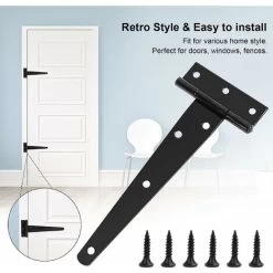 Charnières à Sangle En T 2 Pièces Métal Porte Par Charnière Antirouille Porte De Grange Charnière Avec Vis Pour Clôtures En Bois Cabanons Boites Armoires Fenêtre 15cm/6 Pouce Noir -Portes Et Fenêtres Magasin 35840105 4